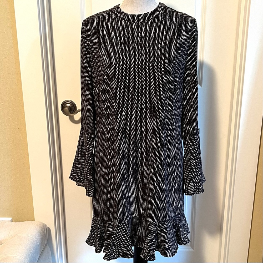 Drop Waist Ruffle dress in Black with Ecru Dots